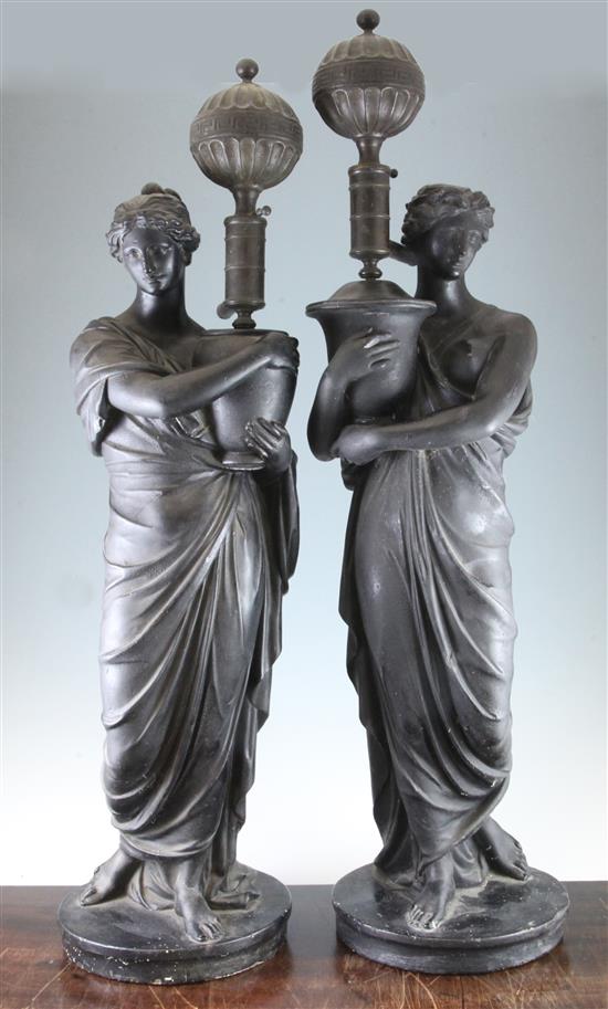 Humphrey Hopper (1765-1844). A pair of bronzed plaster figural lamps, the figures 30in. excl. light fitting